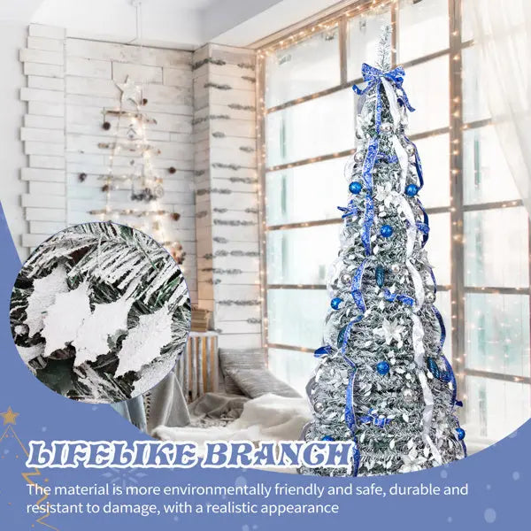 7 FT Snow Flocked Pre-lit Artificial Pop Up Christmas Tree With 200 Warm Lights And Blue & Silver Ornaments For Home Office Store Holiday Deco - The Premium
