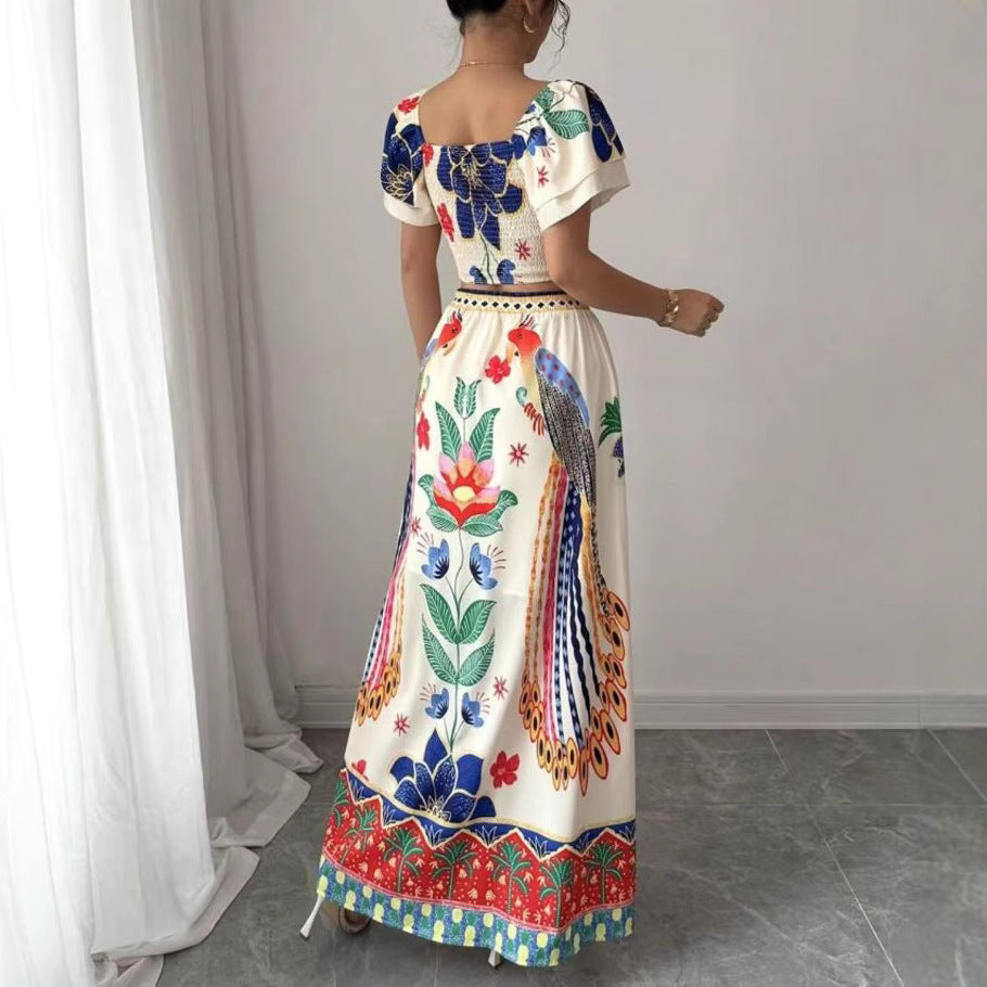 Printed Casual Vacation Bohemian Short-sleeved Top And Long Skirt Ladies Set