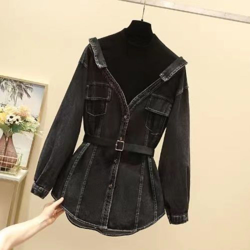 Women's Fashion Waist-Cinching Fake Two-Piece Long Sleeve Denim Jacket