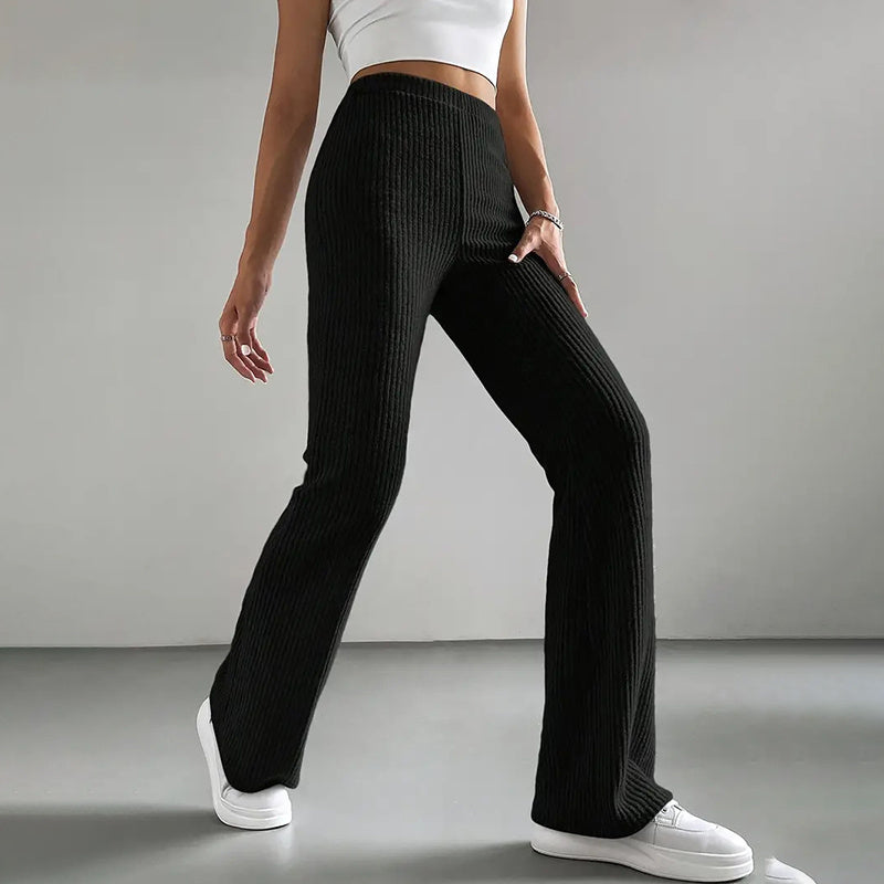 Women's Solid Color Rib-Knit Jogger Pants, Casual Stretch Pull-On Trousers For Spring And Fall