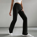Women's Solid Color Rib-Knit Jogger Pants, Casual Stretch Pull-On Trousers For Spring And Fall