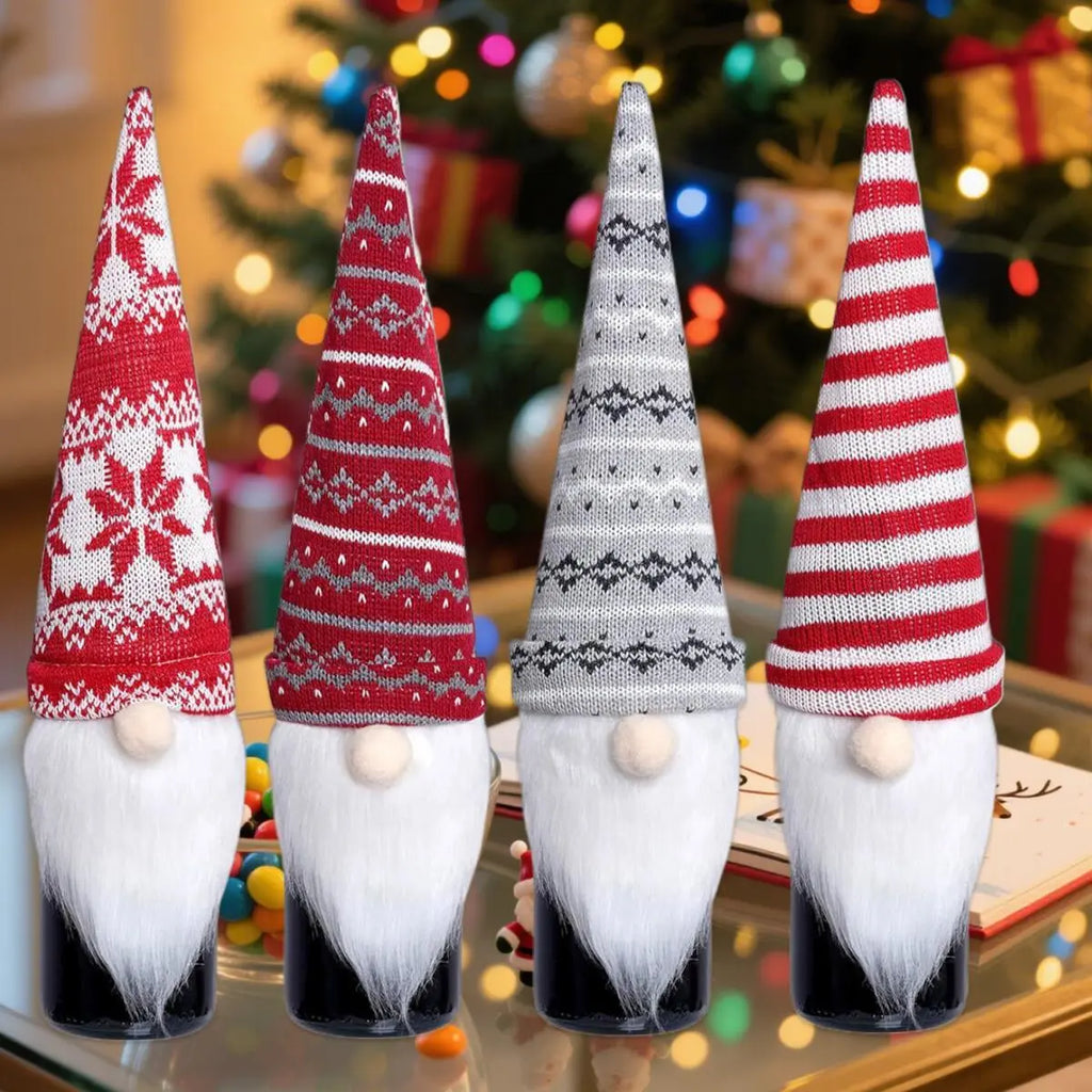 4 Pcs Christmas Wine Bottle Covers Reusable Knitted Gnomes Wine Bottle Toppers Xmas Party Handmade Tomte Swedish Gnomes Wine Decoration For Holiday New Year Dining Table Decor Party Gift - The Premium