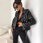 European And American Short Poly Urethane Leather Coat Top Zip Jacket