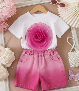 T-shirt Gradient Denim Shorts Two-piece Set