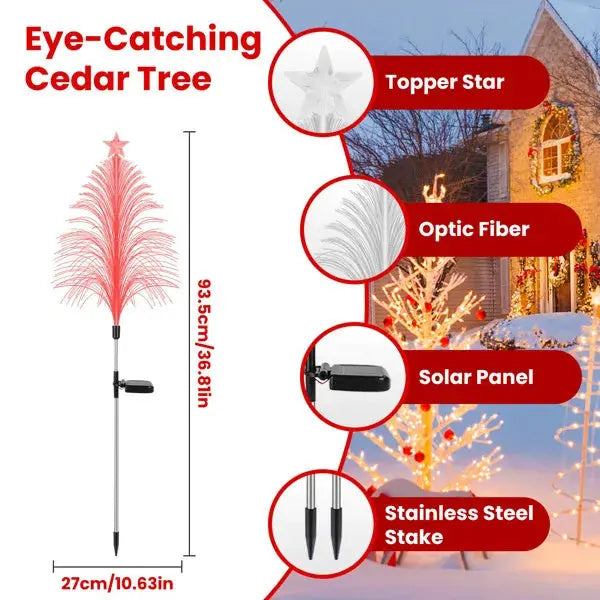 7-Color Solar Christmas Tree Stake Lights 4 Pack, Lifelike Fiber Optic Cedar Design With Star, IP44 Waterproof Outdoor Decor For Yard Lawn Patio For Holiday Yard Walkway Garden Path Decor - The Premium