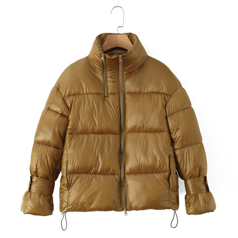 Golden Stand-up Collar Double Zipper Puffer Coat For Women