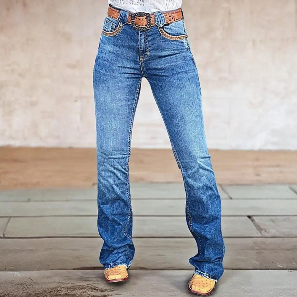 Women's Classic Western Bootcut Jeans, Mid-Rise Stretch Denim With Tooled Leather Style Trim On Waist & Pockets, Cowgirl Pants