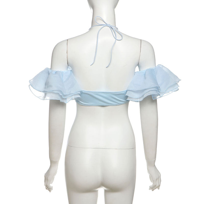 Sexy Halter Navel Wrapped Chest Split Lace-collared Blouse