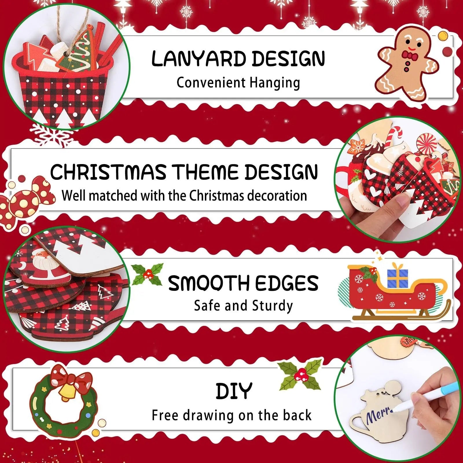 50 Pieces Christmas Wooden Ornaments Hot Cocoa Blanks Pendants Unfinished Predrilled Wood Buffalo Plaid Coffee Mug Slices Hanging For Xmas Festivals DIY Crafts Decoration, 10 Styles - The Premium