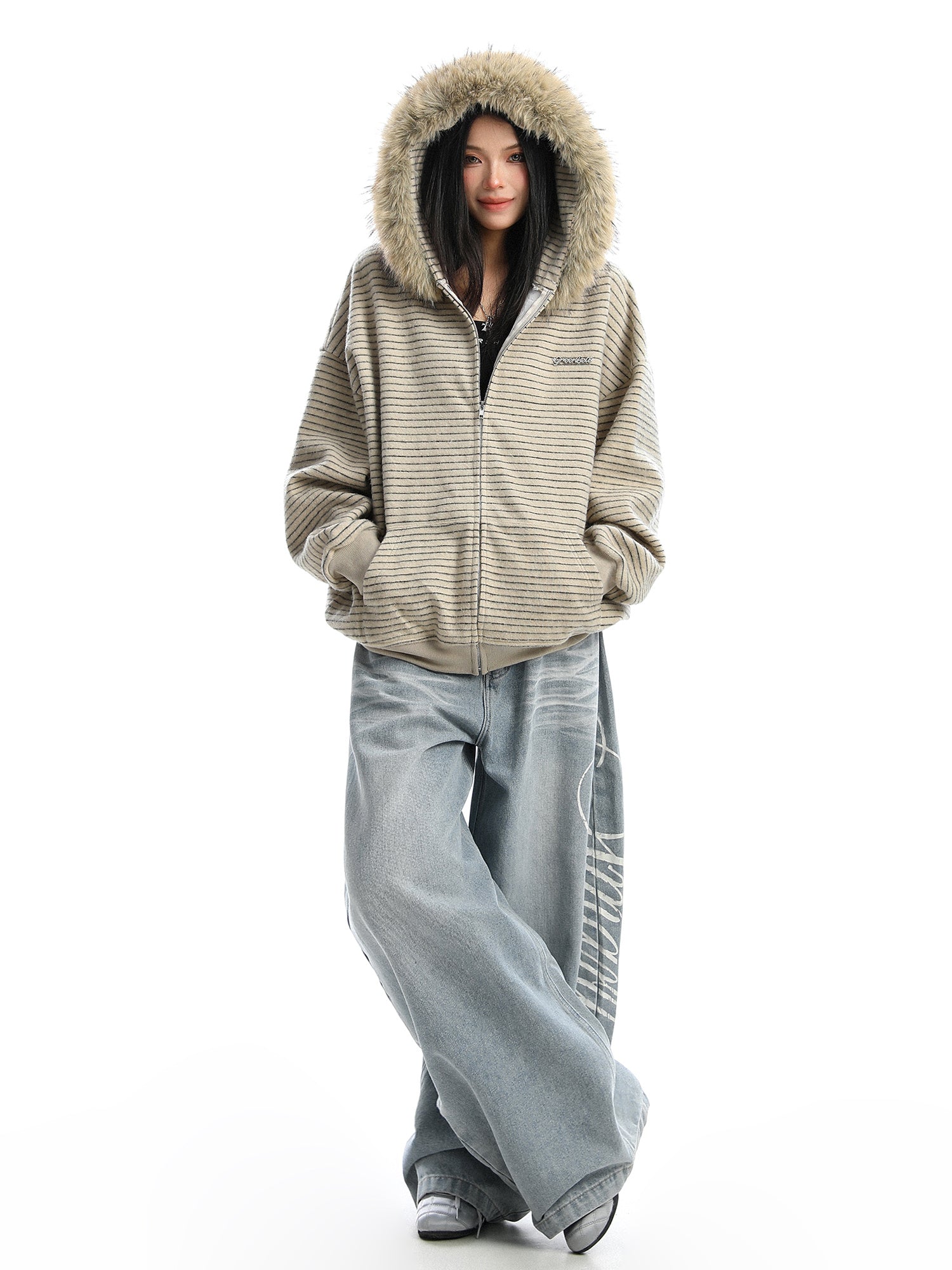 American Striped Detachable Big Fur Collar Hooded Sweater