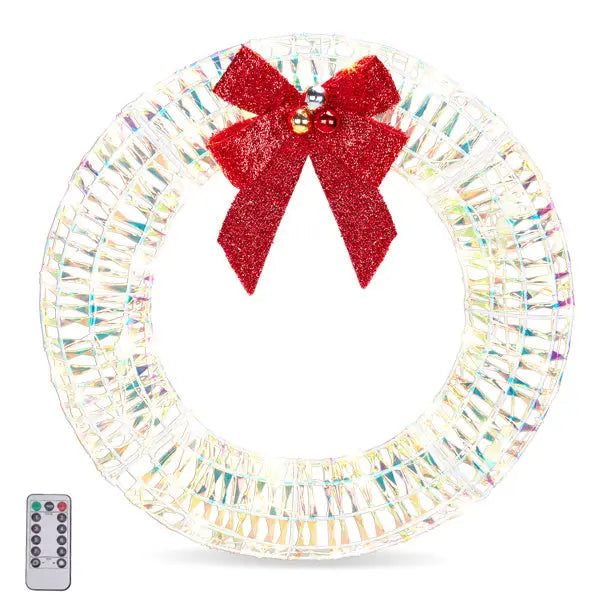 24in Pre-lit Iridescent Outdoor Christmas Wreath Decoration, Lighted Metal Wreath With Red Bow, Warm White LED Lights, For Front Door Gate Wall Indoor Outdoor Holiday Party - The Premium