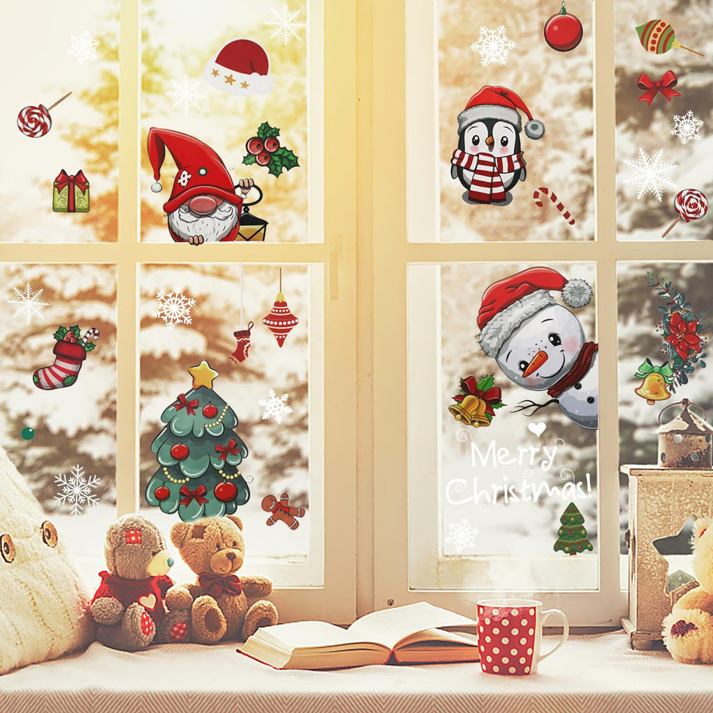Christmas Window Clings 242Pcs Double Sided Christmas Window Stickers Reusable 9 Sheets Snowflake Santa Snowman Window Clings Decals For Xmas Home School Office Decorations Clearance