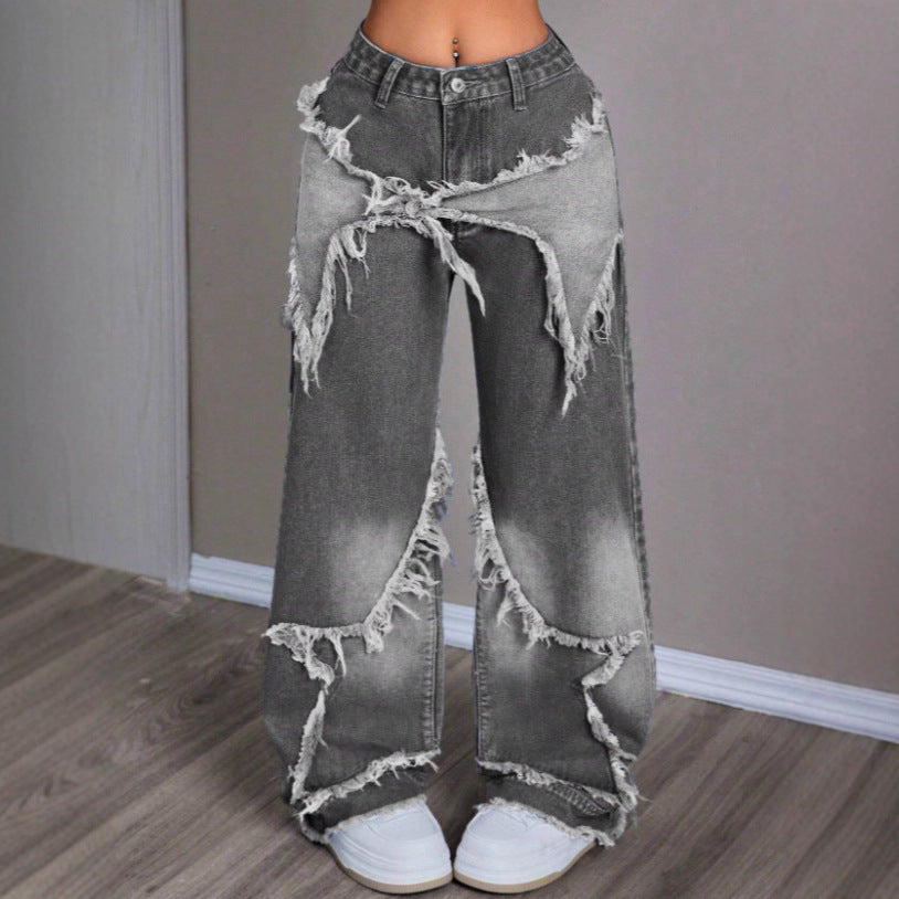 Retro Star Patchwork Heavy Wash Women's Jeans