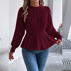 Women's Cable Knit Sweater With Peplum Hem Round Neck Ribbed Waist Top For Spring And Fall