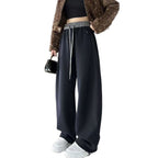 Embroidered Color-block High-waist Fleece Wide-leg Pants Women
