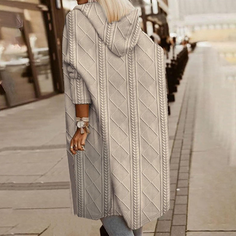 Women's Textured Hooded Longline Jacket, Solid Color Casual Oversized Top With Pockets For Fall & Winter