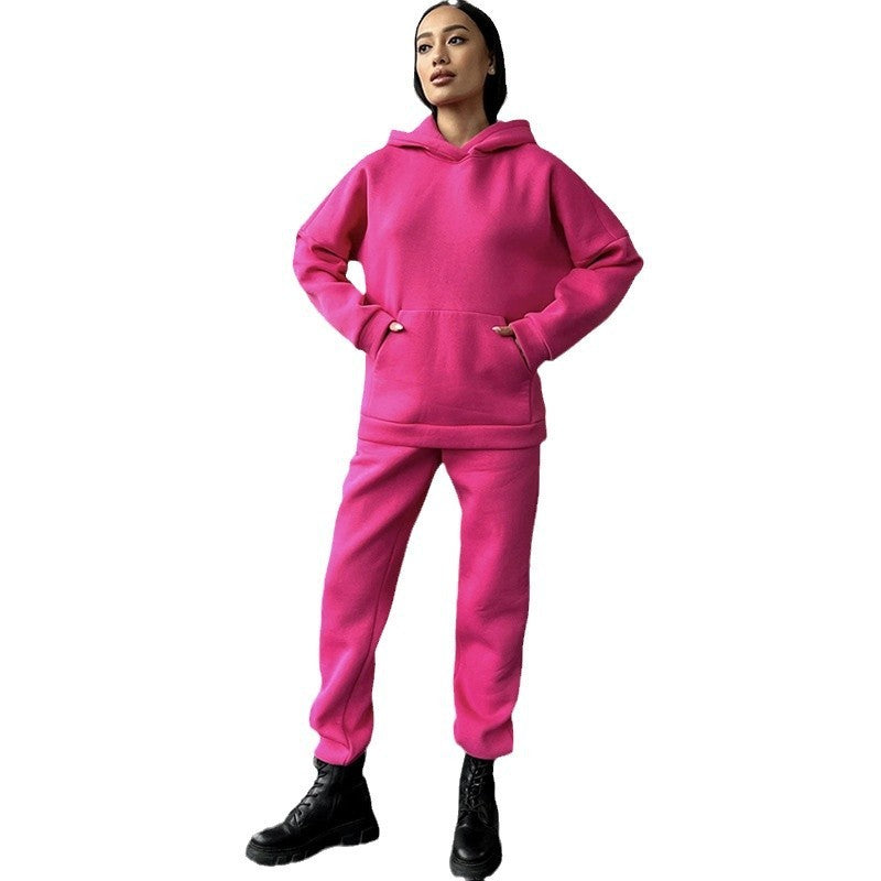 Casual Fleece-lined Hooded Sweatshirt And Pants Two-piece Set