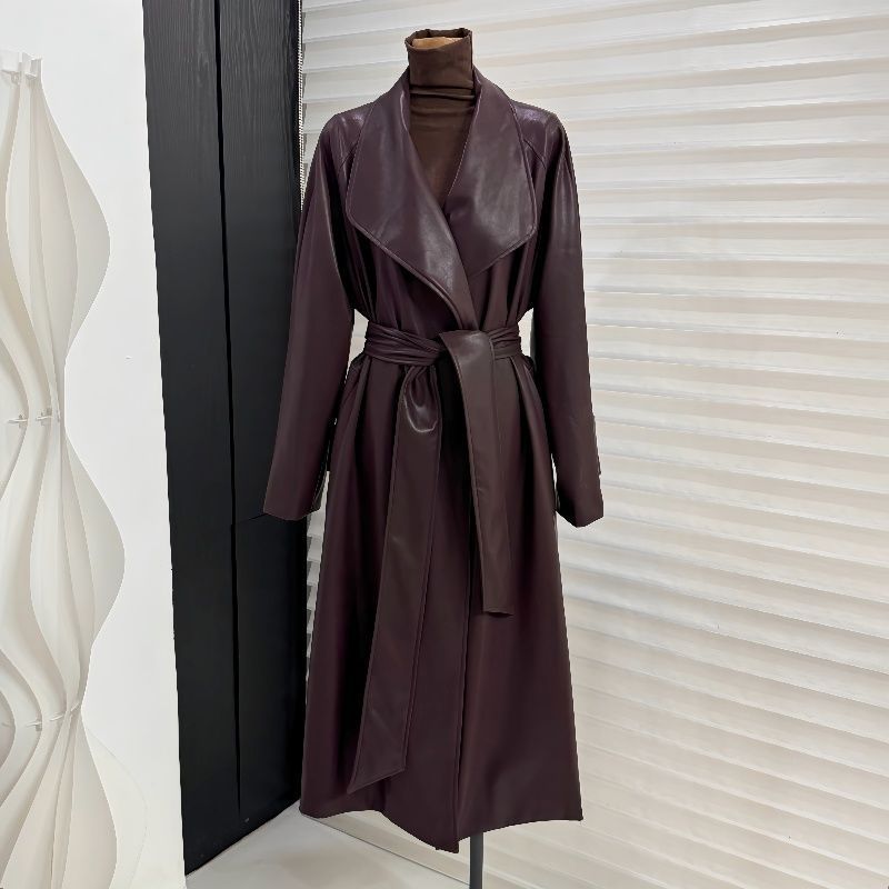 Lapel Mid-length Leather Coat Women