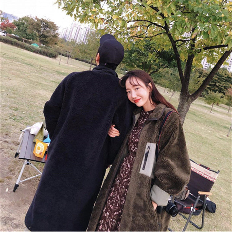 Stand Collar Color Matching Lambswool Two-sided Zipper Coat