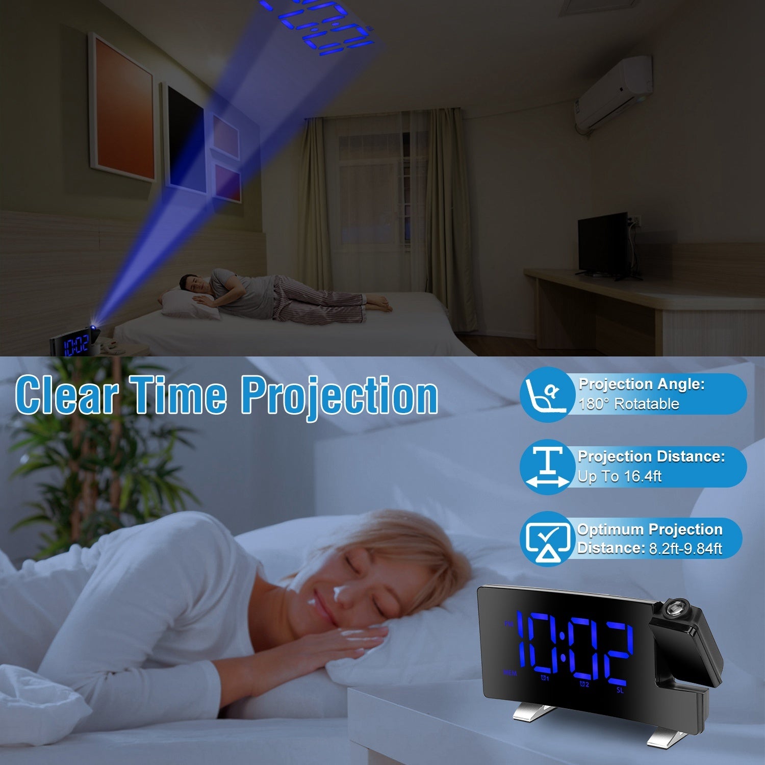1Pc Projection Alarm Clock With Radio Function Curved Screen LED Digital Alarm Clock With Dual Alarms 4 Dimmer 12-24 Hour USB Charging Port 180Degree Rotatable Projection