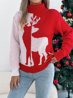 Color Block Deer Lantern Sleeve Turtleneck Pullover Sweater