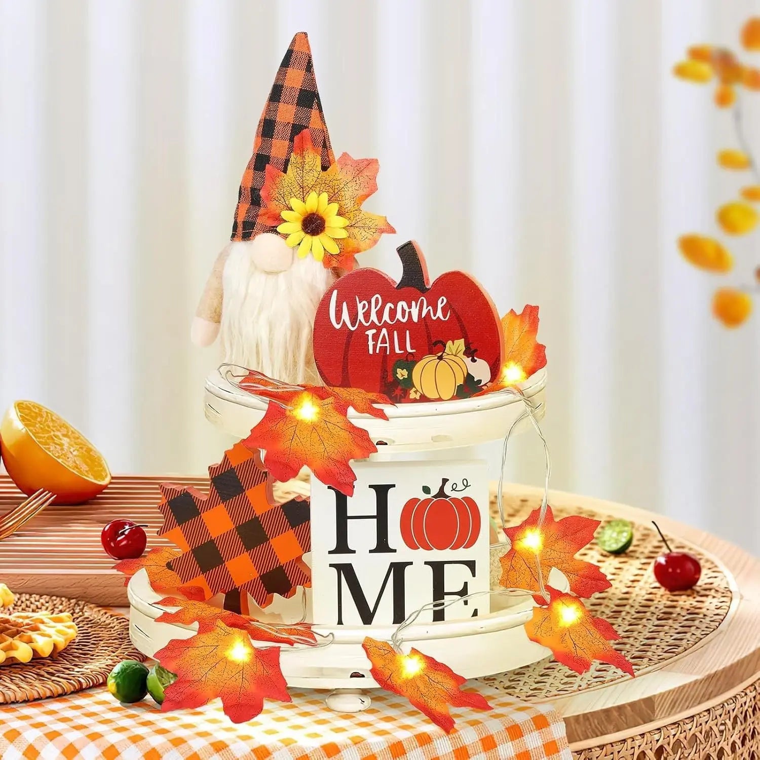 Fall Gnome Tiered Tray Decorations Set Farmhouse Pumpkin Decor Autumn Maple Leaf Table Centerpieces With Fall String Lights Thankgiving Day Fall Greeting Card Autumn Harvest Decorations Clearance Sale - The Premium
