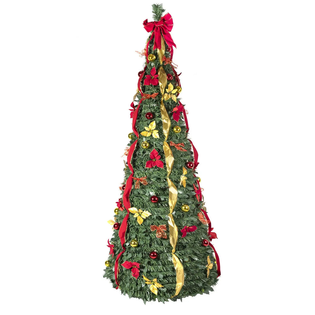 7.5ft Pre-lit Pre-decorated Christmas Tree Pop-up Christmas Tree, 2-Minute Setup Holiday Party Decoration With Red And Gold Christmas Ball Ornaments And Gold Ribbon Bows - The Premium