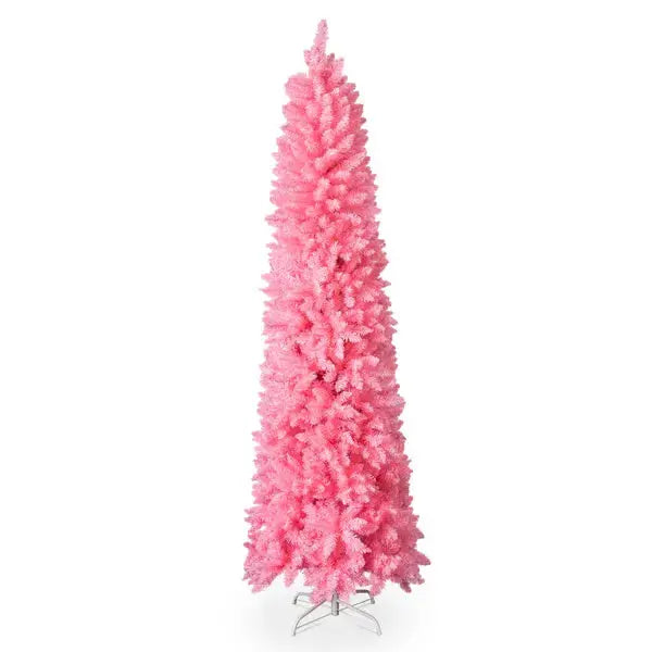 7.5 FT Hinged Christmas Tree, Artificial Pencil Christmas Tree, Unlit Artificial Christmas Pine Tree With 1075 Branch Tips And Sturdy Stand, Pink - The Premium
