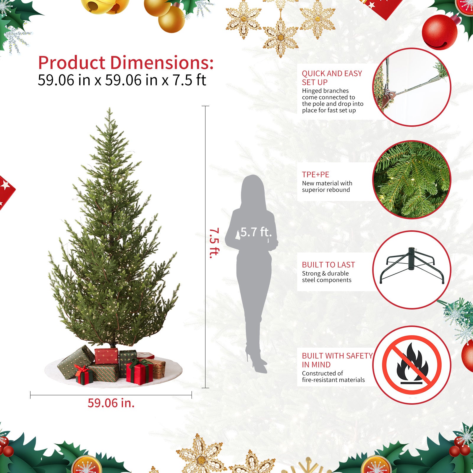 Aspen Slim Fir 7.5ft Christmas Tree Pre-Lit Artificial With 4,570 Branch Tips & 1,555 Low-Voltage Warm LED Lights, Foldable Stand & Realistic Flame-Resistant Branches