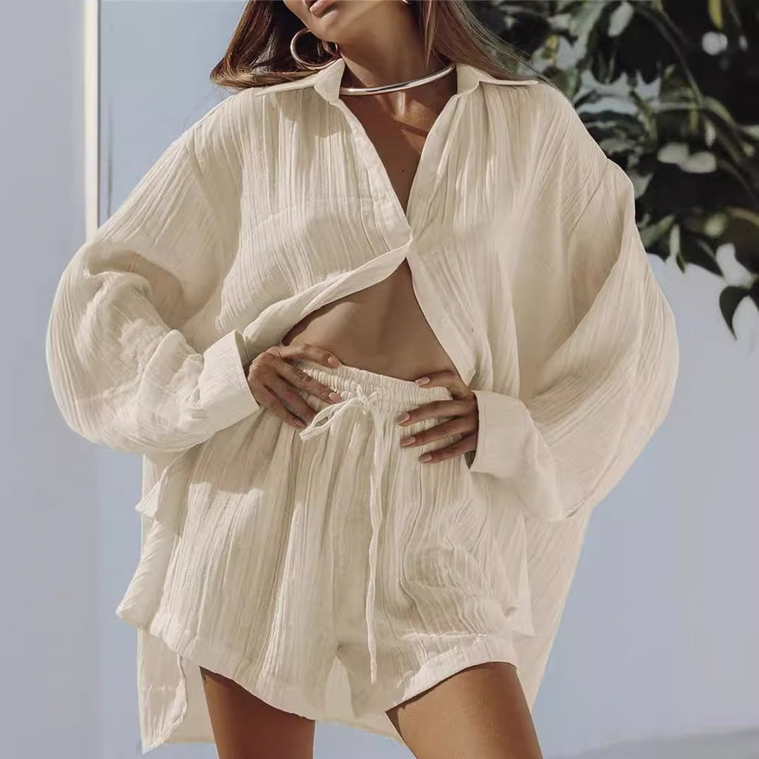 Women's Casual Long-sleeve Shirt And Shorts Set