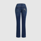 Gold Embroidered Horse Flare Jeans High-Waisted Dark Wash, Retro Western Cowgirl Chic, Festival Ready Must-Have Denim Pants
