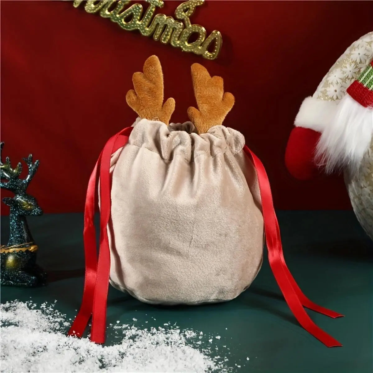 5 Pcs Christmas Velvet Drawstring Candy Gift Bags With Antlers 2 Styles Mini Xmas Present Pouch 7x5 Inch Santa Gift Wrapping Bags - The Premium