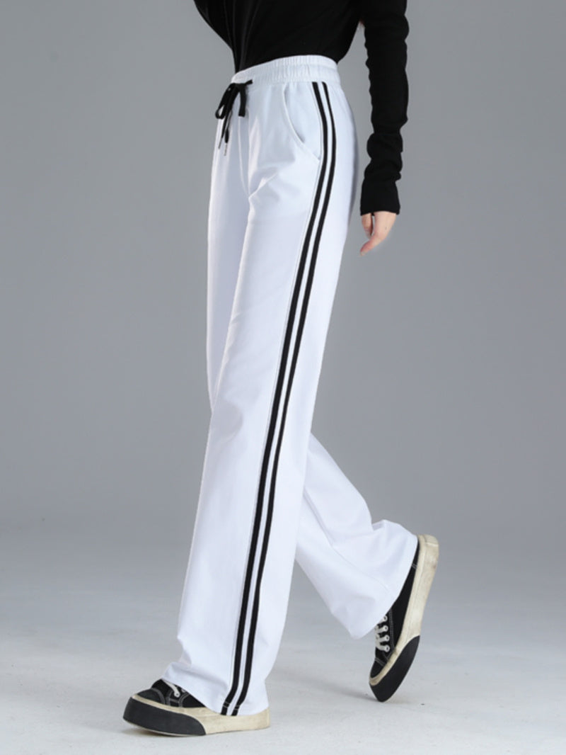 Straight-leg Sweatpants, Black And White Striped, Double-stripe, High-waisted, Wide-leg Drape Pants