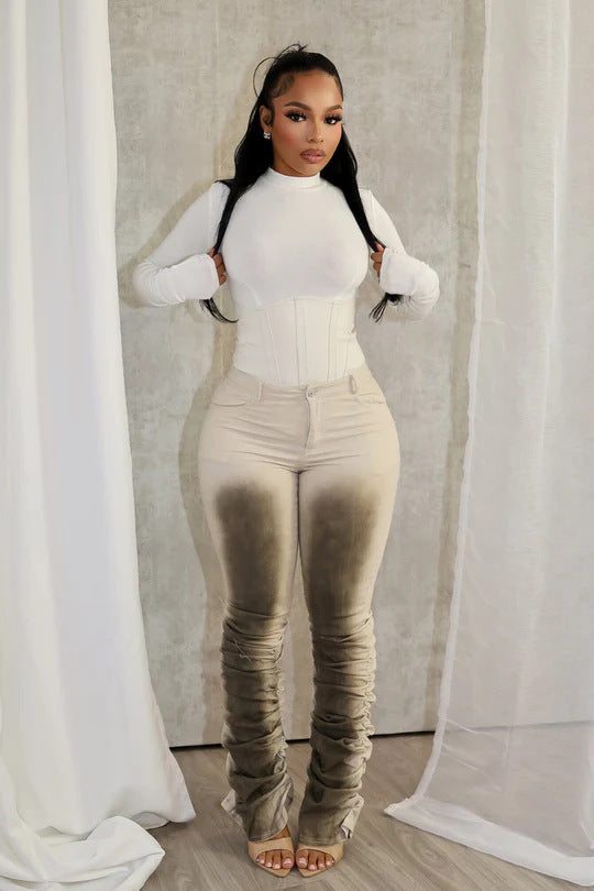 Fashionable Sexy Slim-fit Distressed Retro-style Stacked Pants