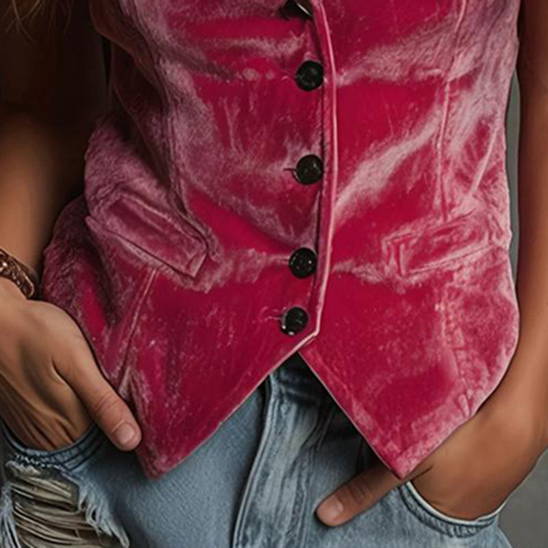 Women's Bohemian Vintage Sleeveless Vest Solid Color Western V-Neck Button Down Waistcoat For Spring Summer Layering