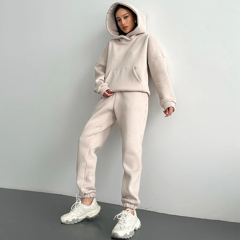 Casual Fleece-lined Hooded Sweatshirt And Pants Two-piece Set