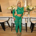 Sexy Lace Long Sleeve Casual Pants Two-piece Set