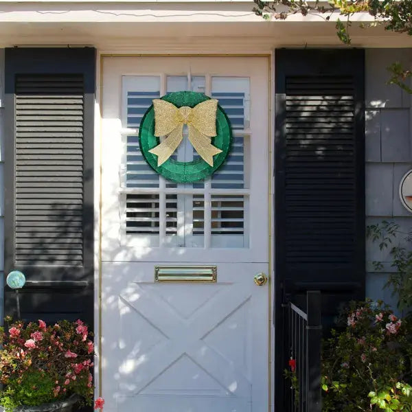 24in Pre-lit Outdoor Christmas Wreath Decoration, Lighted Metal Wreath With Golden Bow, Green And Warm White LED Lights, For Front Door Gate Wall Indoor Outdoor Holiday Party - The Premium