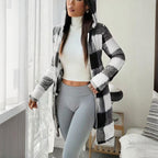 Women's Long Sleeve Plaid Long Hooded Sherpa Coat, Soft Fleece Lined Jacket With Pockets For Winter