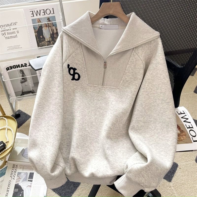 Loose American Vintage Gray Lapel Sweatshirt For Petite