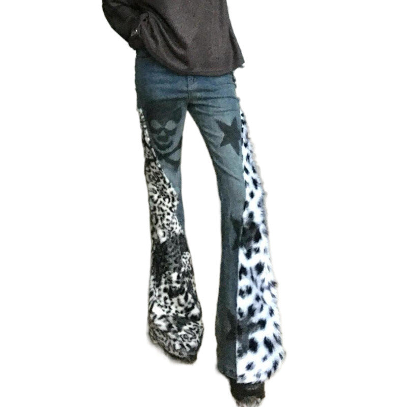Retro Large Size Washed Skull Leopard Print Skinny Jeans