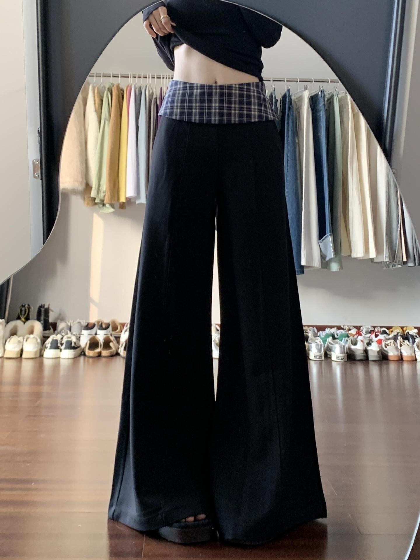 Women's High Waist Loose Plaid Patch Casual Wide Leg Pants