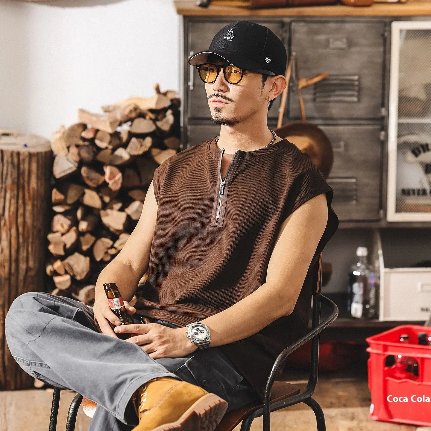 Vintage Zipper Sports Fitness Vest Men's Loose Waffle Texture Tough Guy T-shirt - The Premium