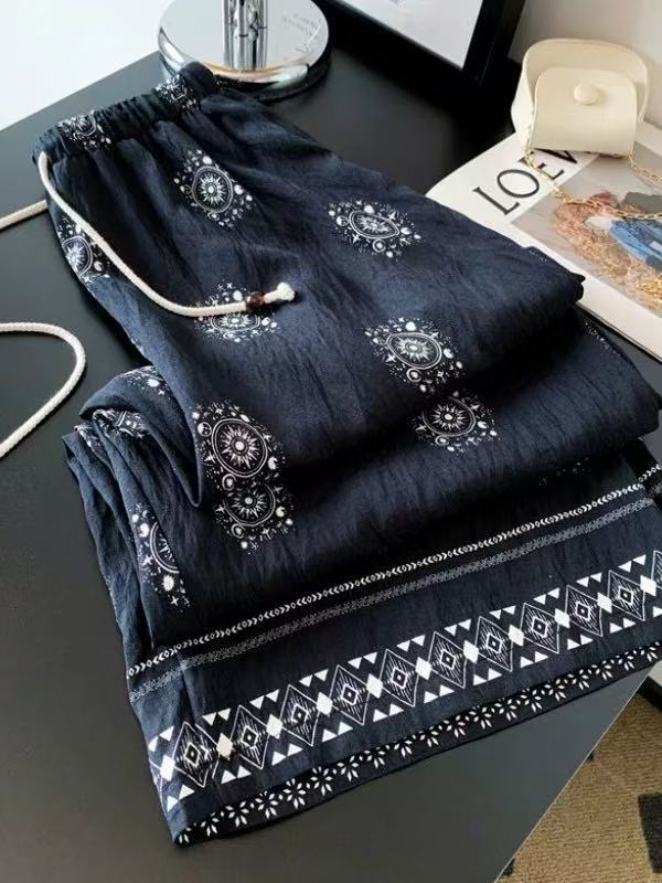 Retro Beaded Drawstring Women's Summer Cool Wide-leg Pants