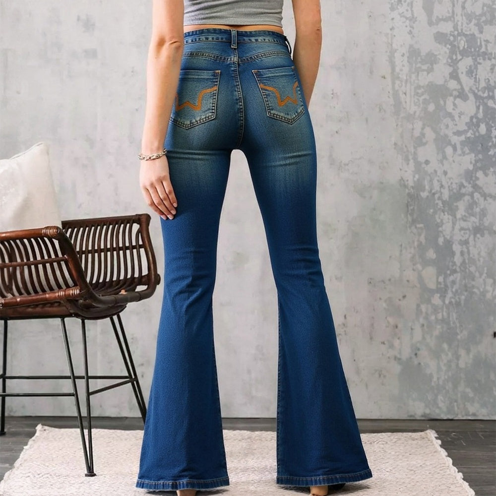 Embroidered Flared Jeans, High-Waist Bootcut Jeans, Women's Denim Style, Vintage Stretch Pants, Western Retro Flared Pants