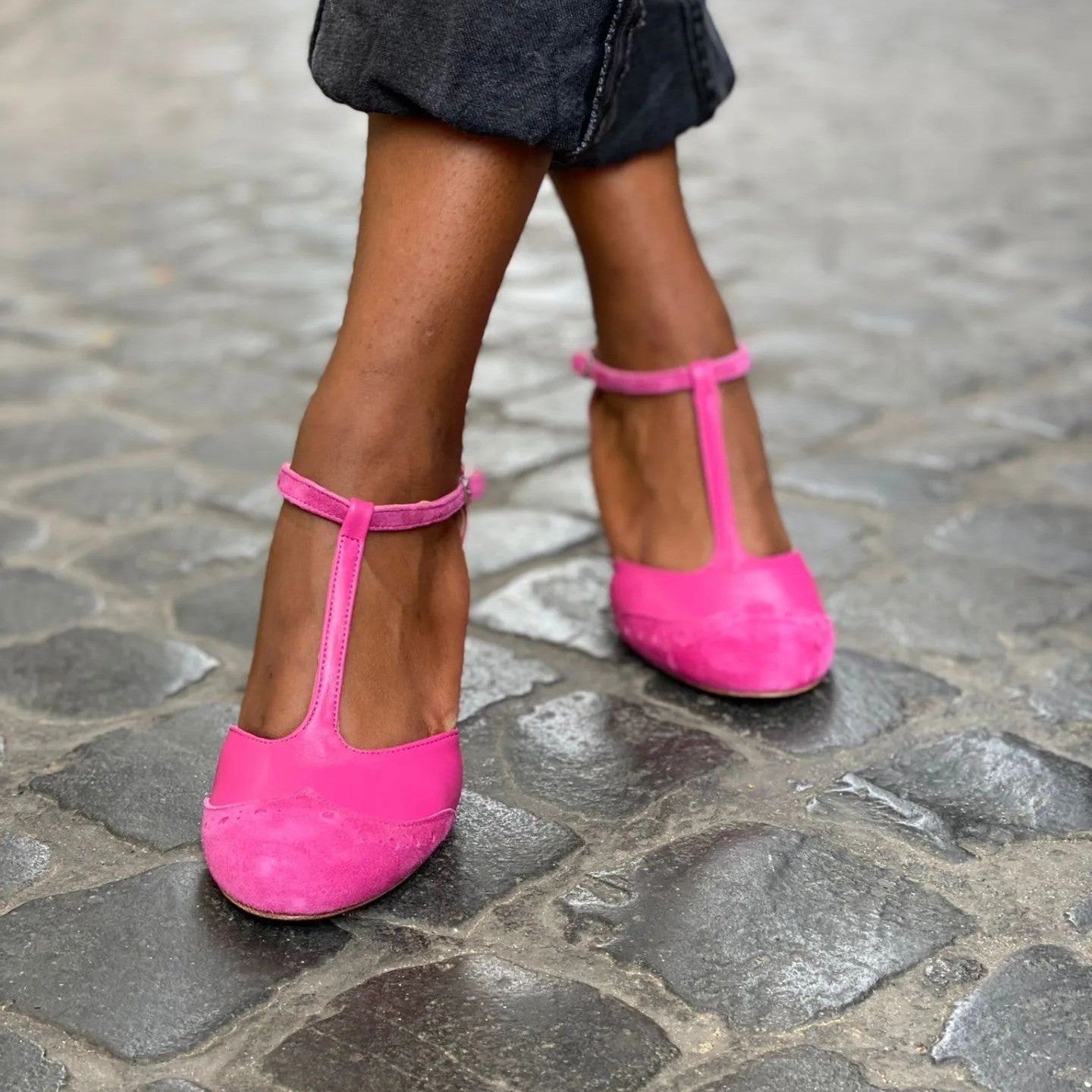 Leather Women's T-strap Two-tone High-heel Sandals