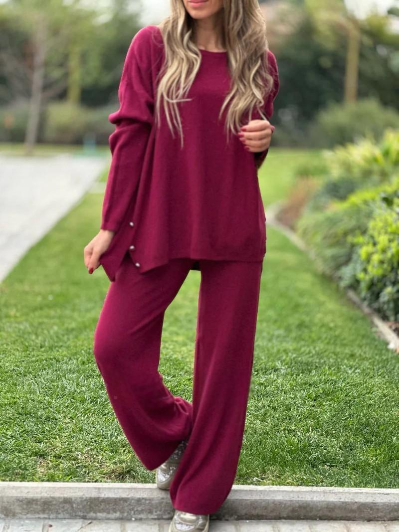 Solid Color Split Casual Wide-leg Pants Round Neck Long Sleeve