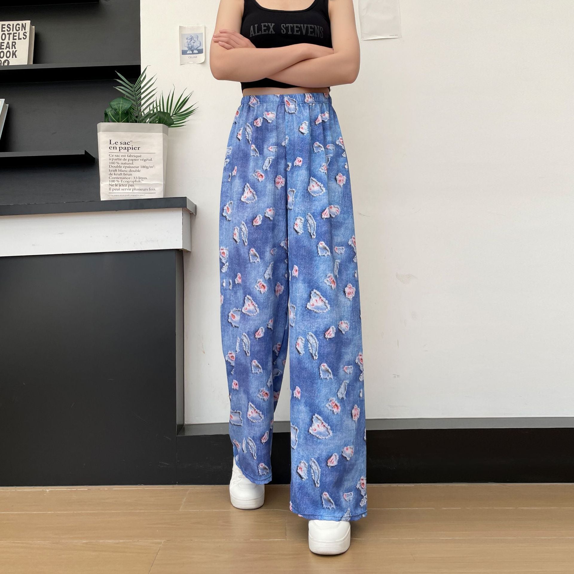 Women's Thin Casual High-waisted Loose Retro Printed Denim Straight-leg Pants