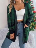 Casual Color Block Plaid Pocket Long Sleeve Cardigan Sweater Coat