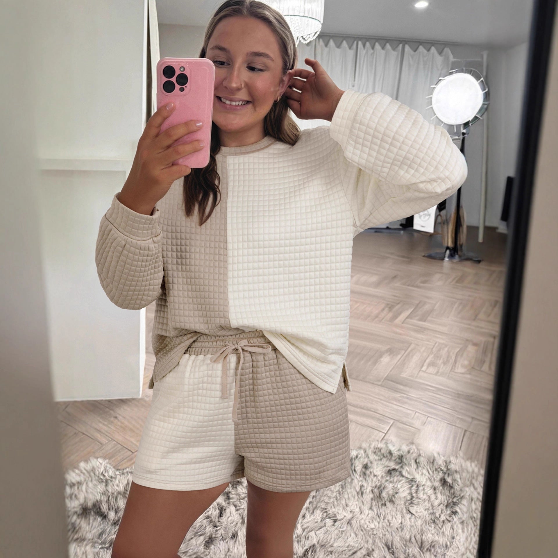 Women's Casual Color-block High-waist Long-sleeve Set